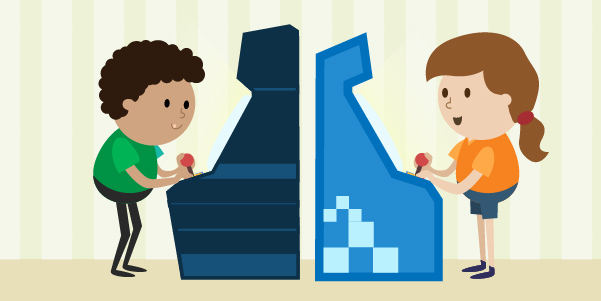 Niño y niña gamers jugando en las máquinas de videojuegos