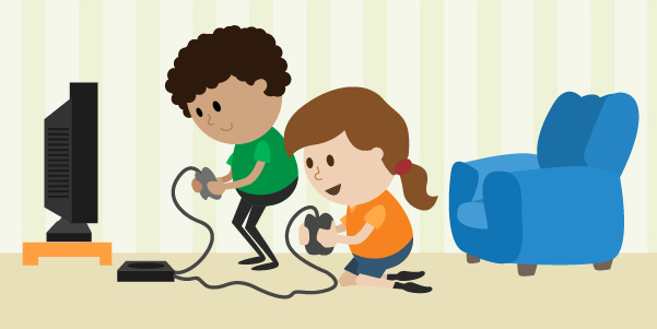 iño y niña jugando con una consola de videojuegos frente al televisor