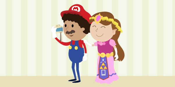 Niño disfrazado de Mario y niña disfrazada de princesa tomándose una fotografía