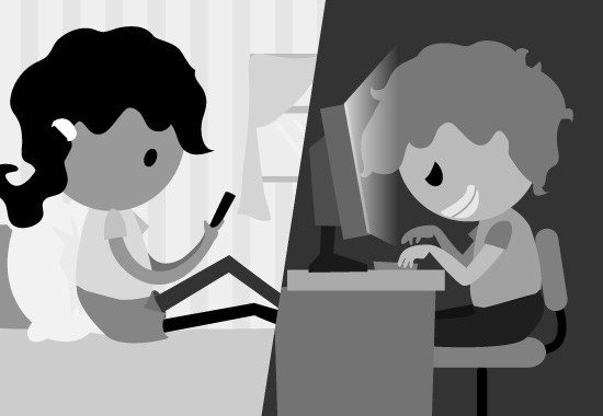 Niña usando su celular inteligente mientras en otro lugar un niño se hace pasar por otra persona en las redes sociales