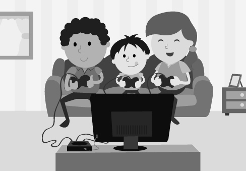 Familia jugando con una consola de videojuegos frente al televisor 