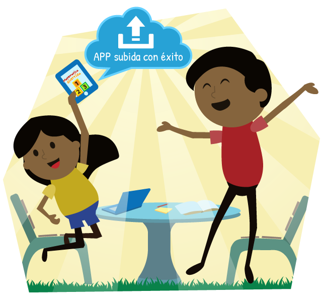 Niña y su padre saltando de la felicidad por las posibilidades y el empoderación a través de las TIC